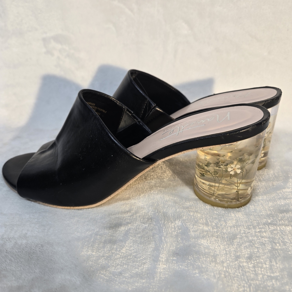 Black Slide Sandals with Floral Heel - Picture 2 of 9